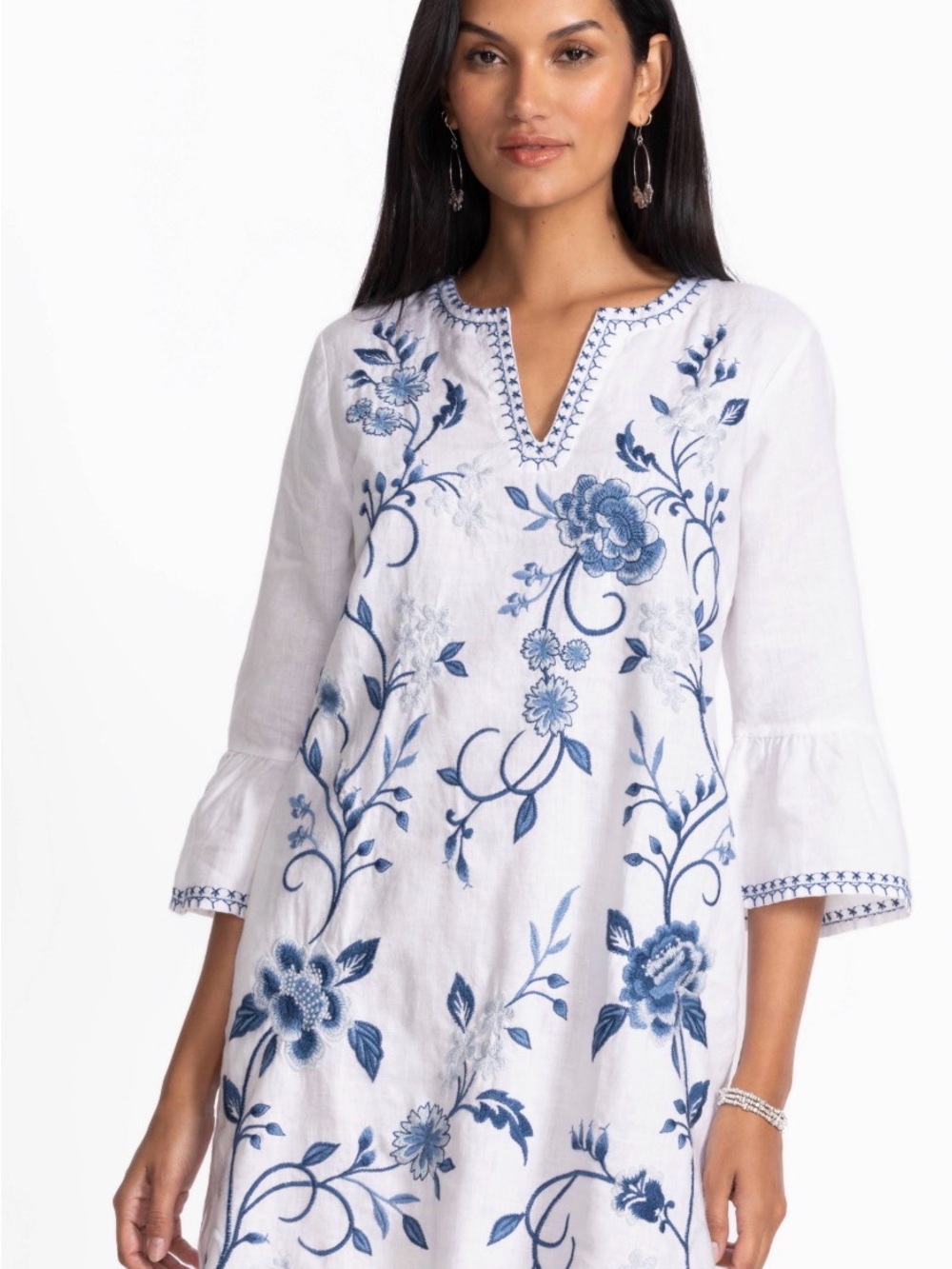 Johnny Was White Dress with Blue Floral Embroidery NWT